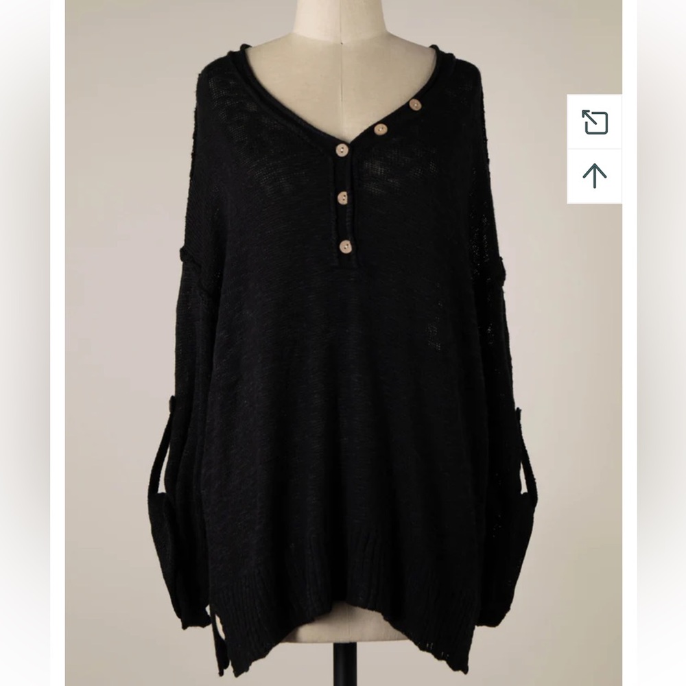 Miracle Lightweight Knit Black V-Neck Sweater with Button Accents